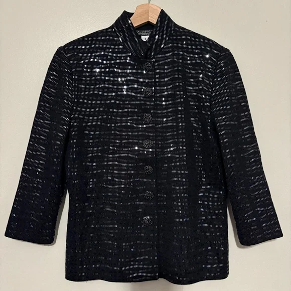 St. John Evening Black Textured Open-Front Blazer Embellished Buttons Size 2 - Picture 10 of 15